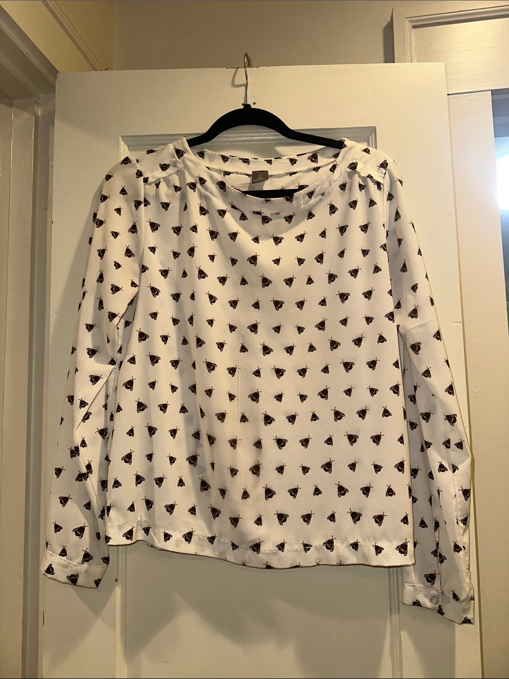 White Printed Long-Sleeve Blouse with Black Motif